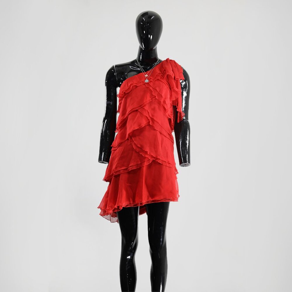 Red Tiered Ruffle Mini Dress One-Shoulder Party Look